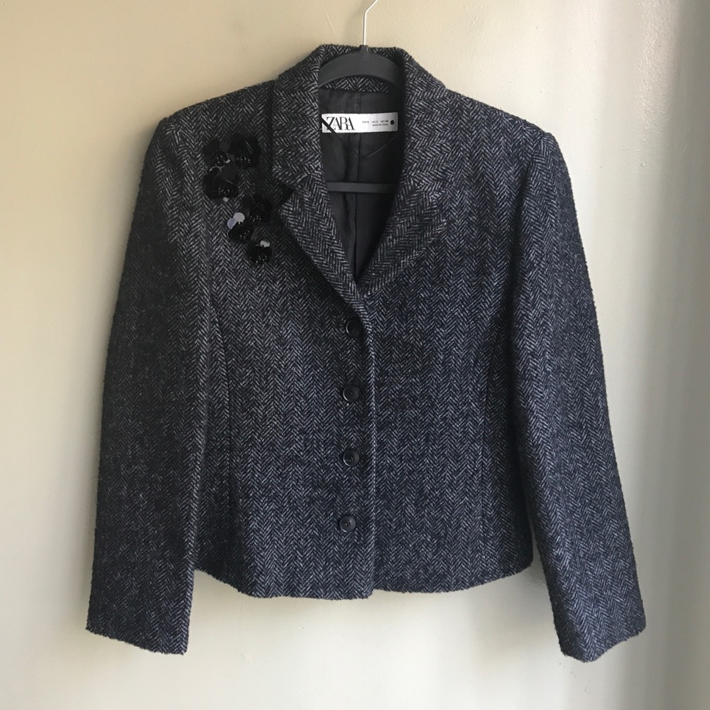 Zara Grey Wool Blend Sequin Embroidered Herringbone Blazer Size: S